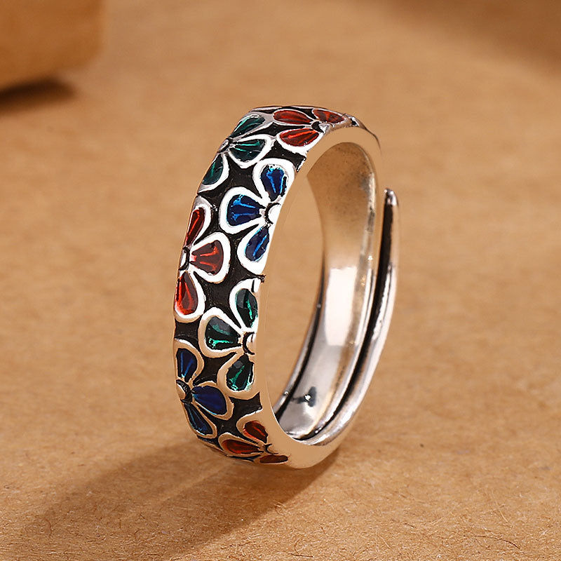 Bague ajustable en cuivre avec Buddha Stones et motifs de fleurs de prunier colorées