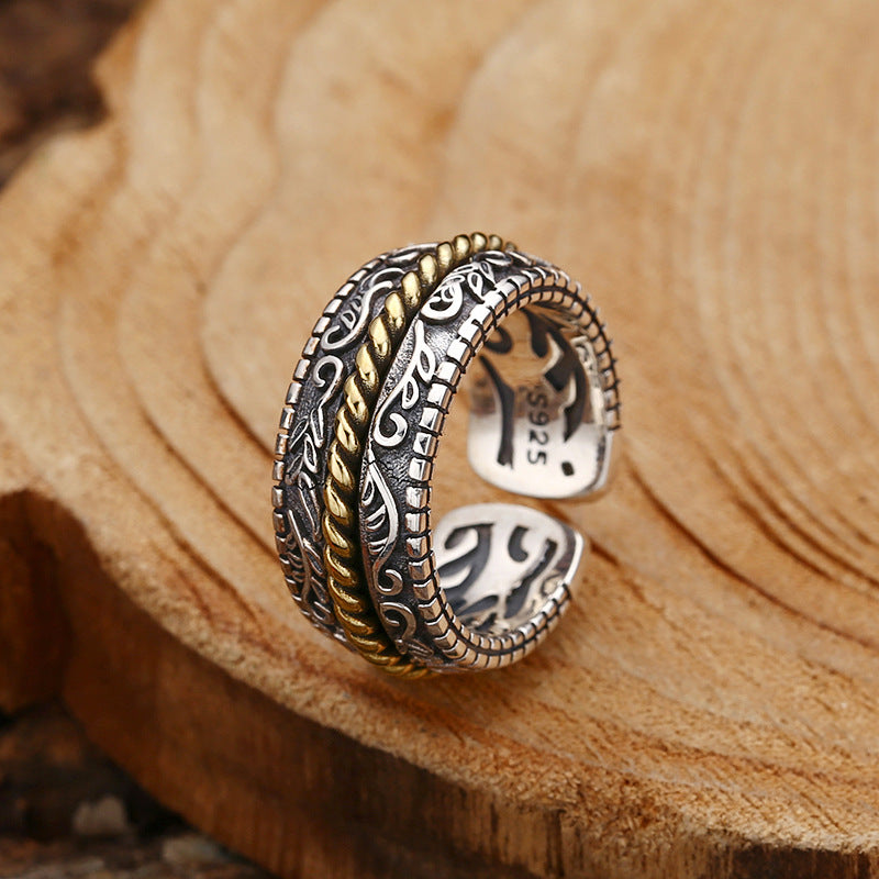 Bague ajustable en argent sterling 925 Buddha Stones et motif floral de la dynastie Tang