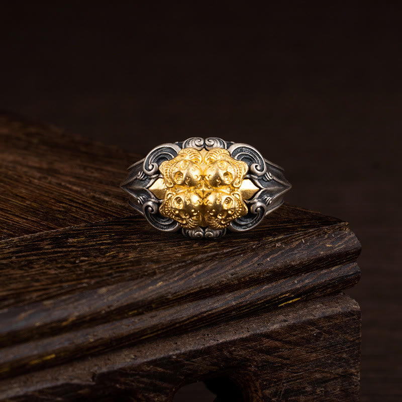 Bague ajustable en argent sterling 925 avec protection du crâne tibétain et Buddha Stones