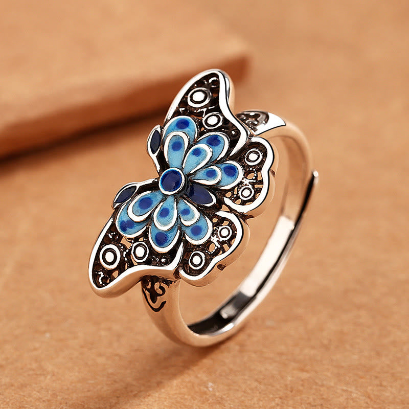 Bague d'amour en émail creux avec Buddha Stones et motif papillon bleu