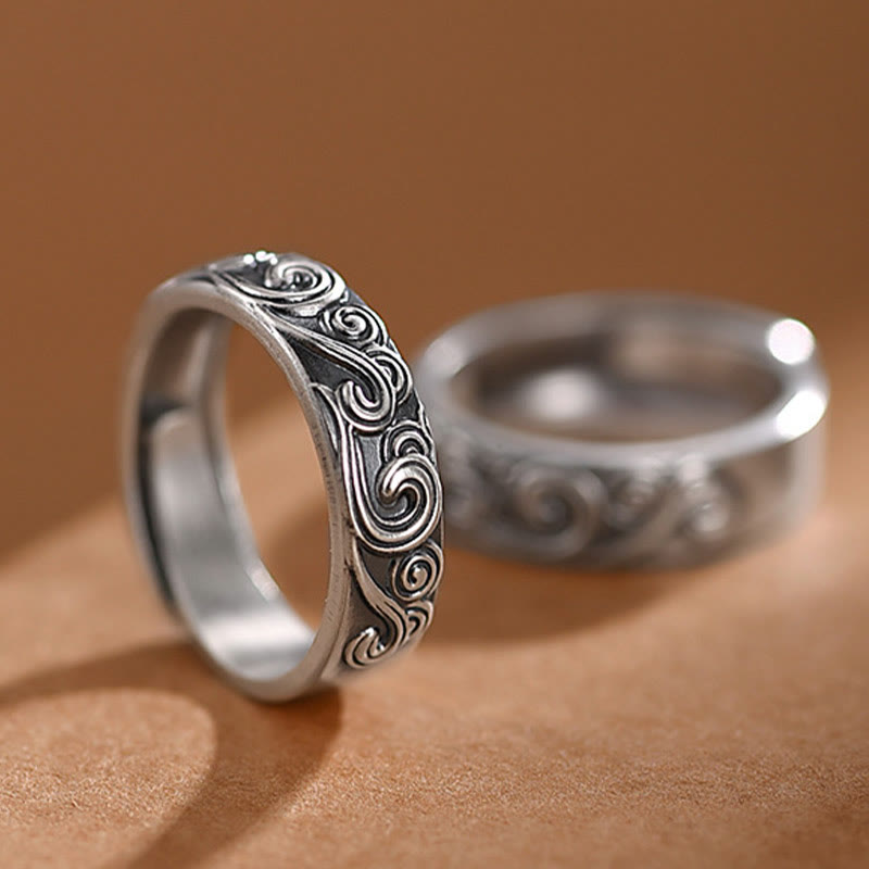 Bague ajustable en argent sterling 999 avec gravure de nuages propices et bénédictions de Buddha Stones