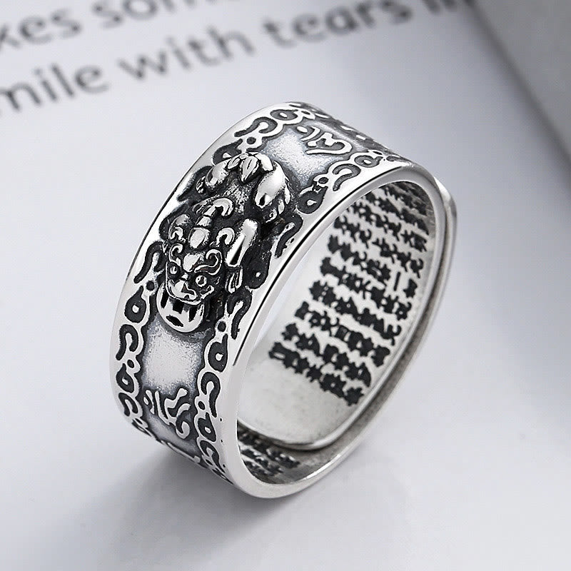 Bague ajustable en argent sterling 925 Buddha Stones et inscription PiXiu sculptée