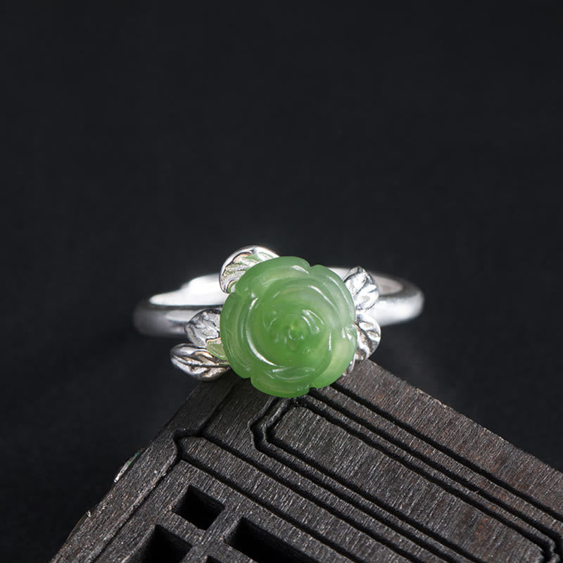 Bague ajustable en argent sterling 925 Buddha Stones et jade vert rose