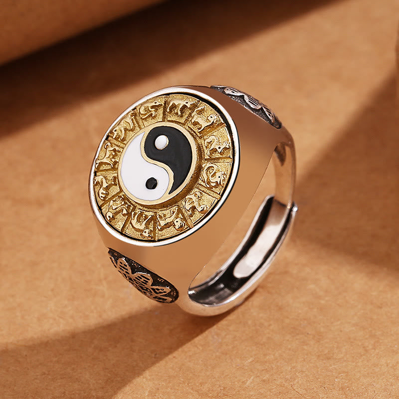 Bague ajustable en cuivre Buddha Stones Yin Yang et zodiaque chinois