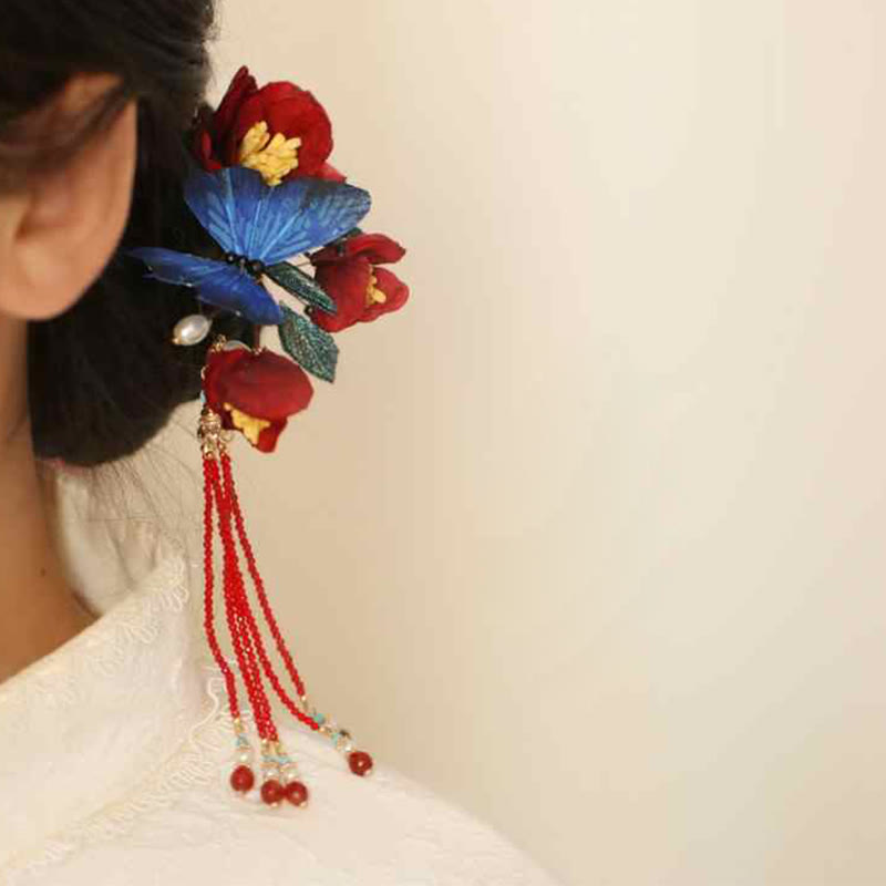 Épingle à cheveux classique chinoise en forme de fleur rouge et de papillon bleu avec Buddha Stones