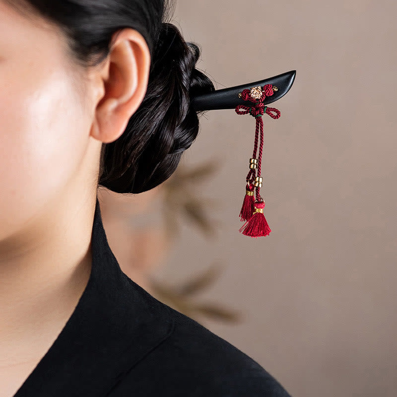 Épingle à cheveux de protection en ébène avec Buddha Stones et corde rouge, nœud chinois