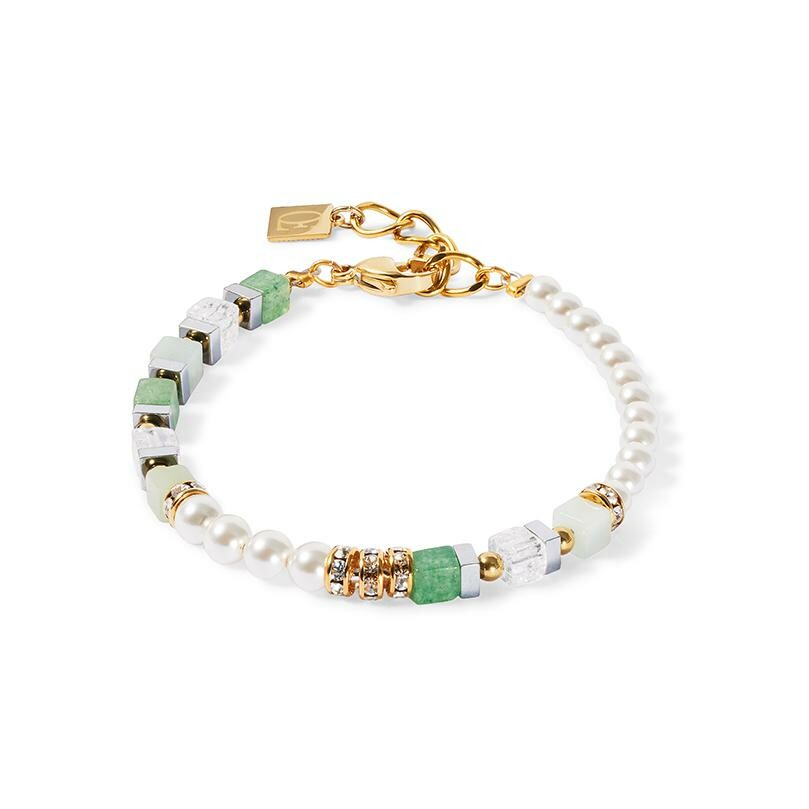 Achat Bracelet Cœur de Lion en métal doré, amazonite, aventurine vert, cristal de roche, cristaux Swarovski et rondelle de strass