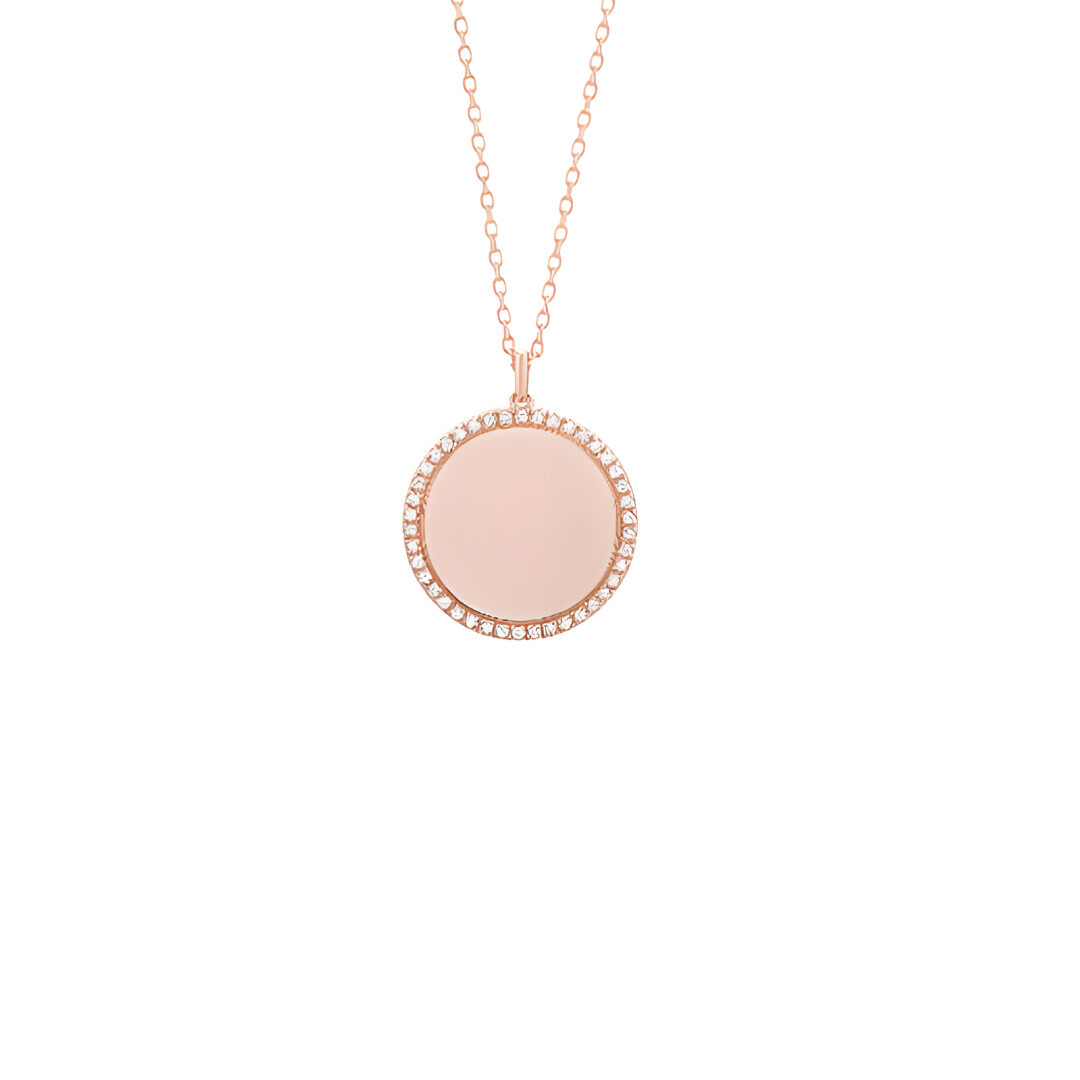 Collier en or rose motif rond entourage diamants