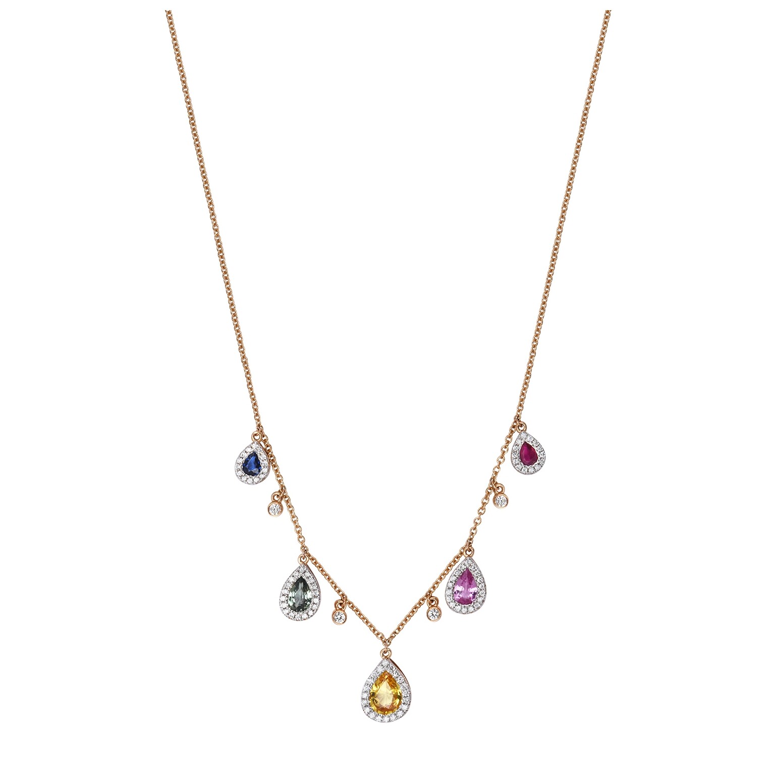 Achat Collier or rose 5 saphirs poires de couleur et diamants