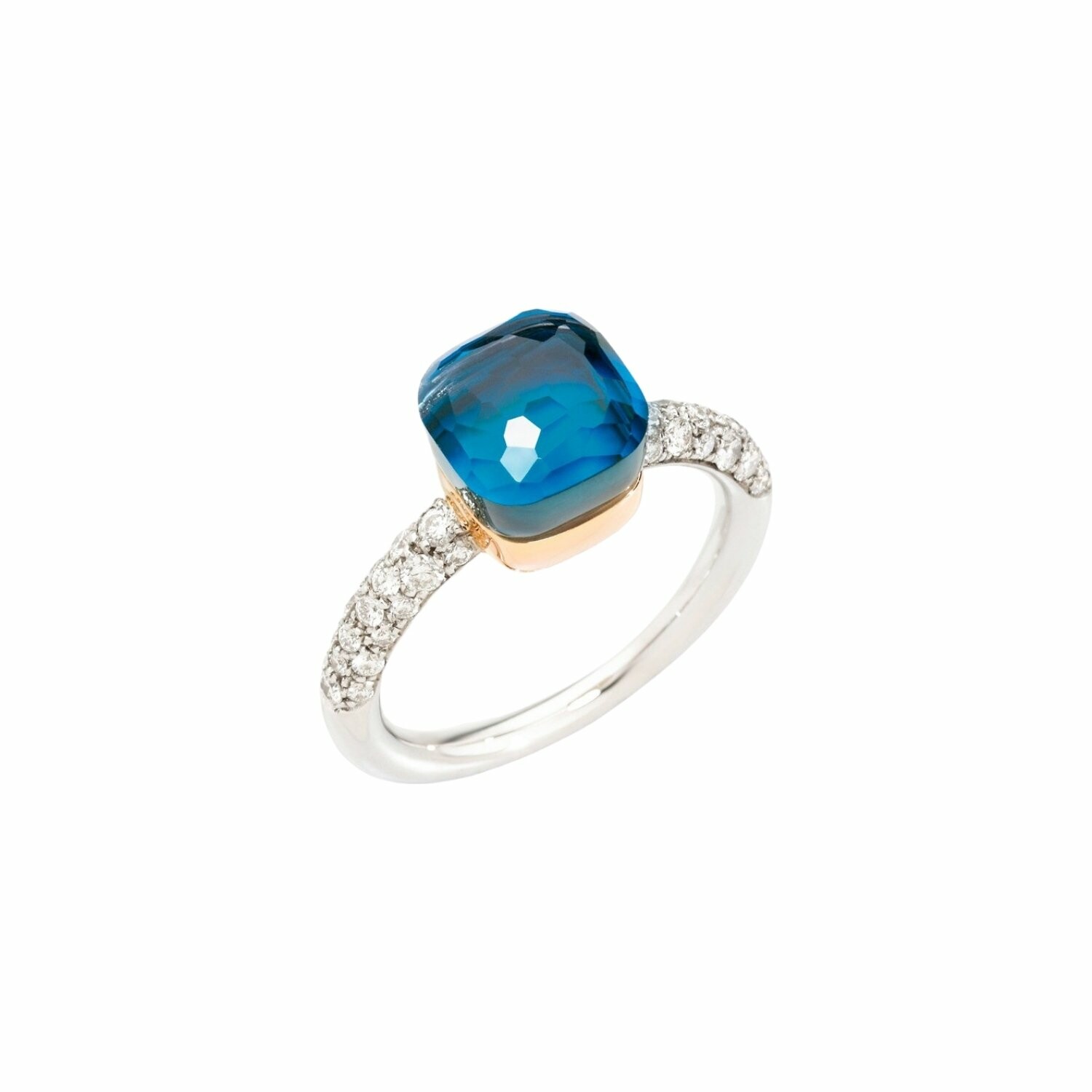 Achat Bague Pomellato Nudo Petit en or blanc, or rose, topaze Blue London, turquoise et diamants