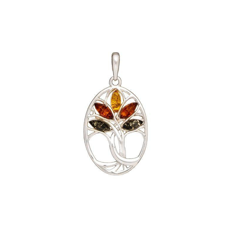 Pendentif Arbre de Vie Ambre Multicolore – Argent Rhodié 925 – Ambre de la Baltique