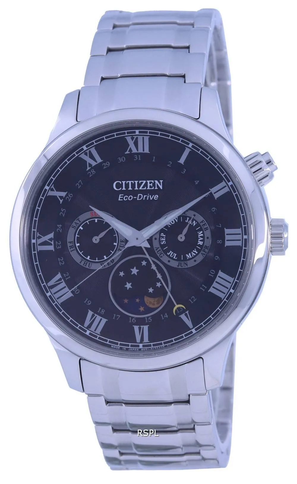 Montre pour homme Citizen Moon Phase à cadran noir en acier inoxydable Eco-Drive AP1050-81E