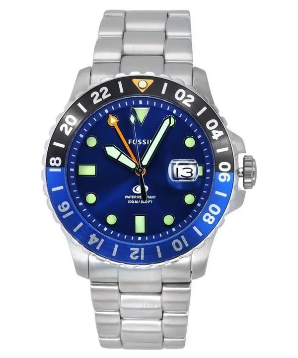 Montre pour homme Fossil Blue GMT en acier inoxydable avec cadran bleu et quartz FS5991 100M