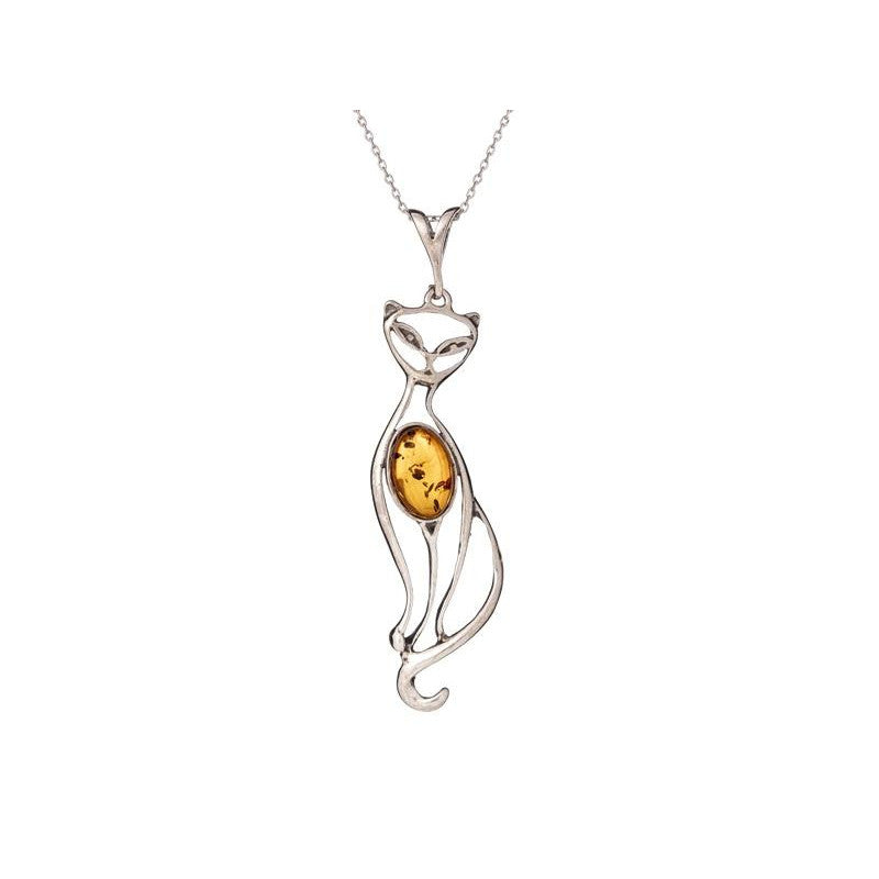 Pendentif Chat Ambre Cognac – Argent Rhodié 925 – Ambre de la Baltique