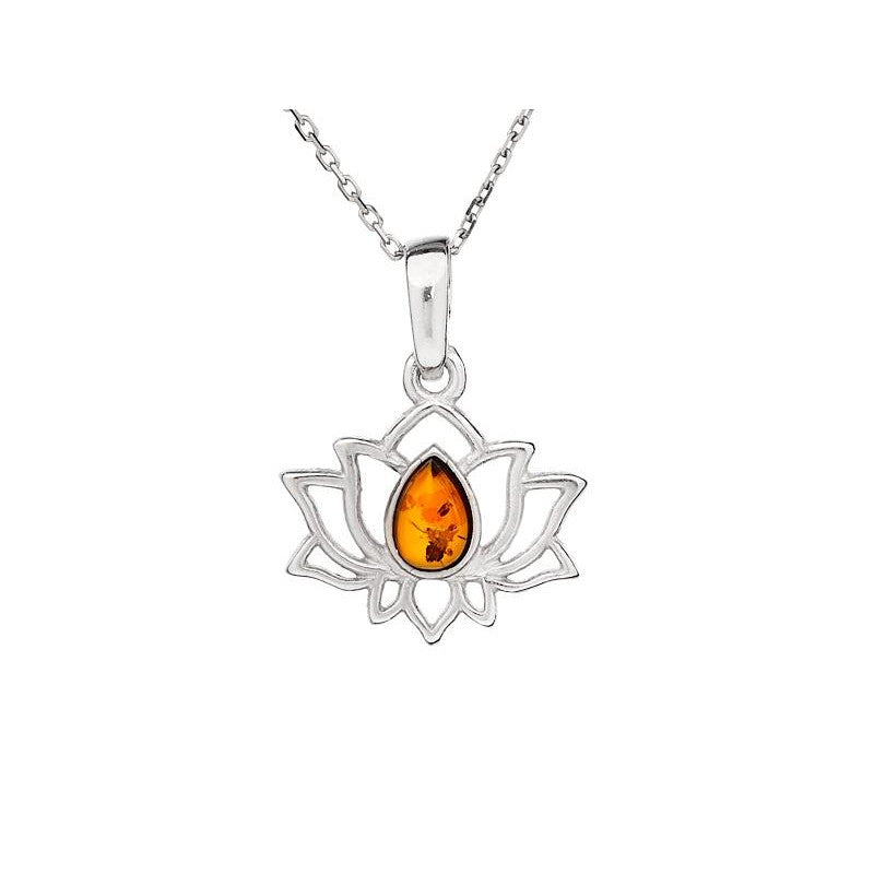 Pendentif Lotus Ambre Cognac – Argent Rhodié 925 – Ambre de la Baltique