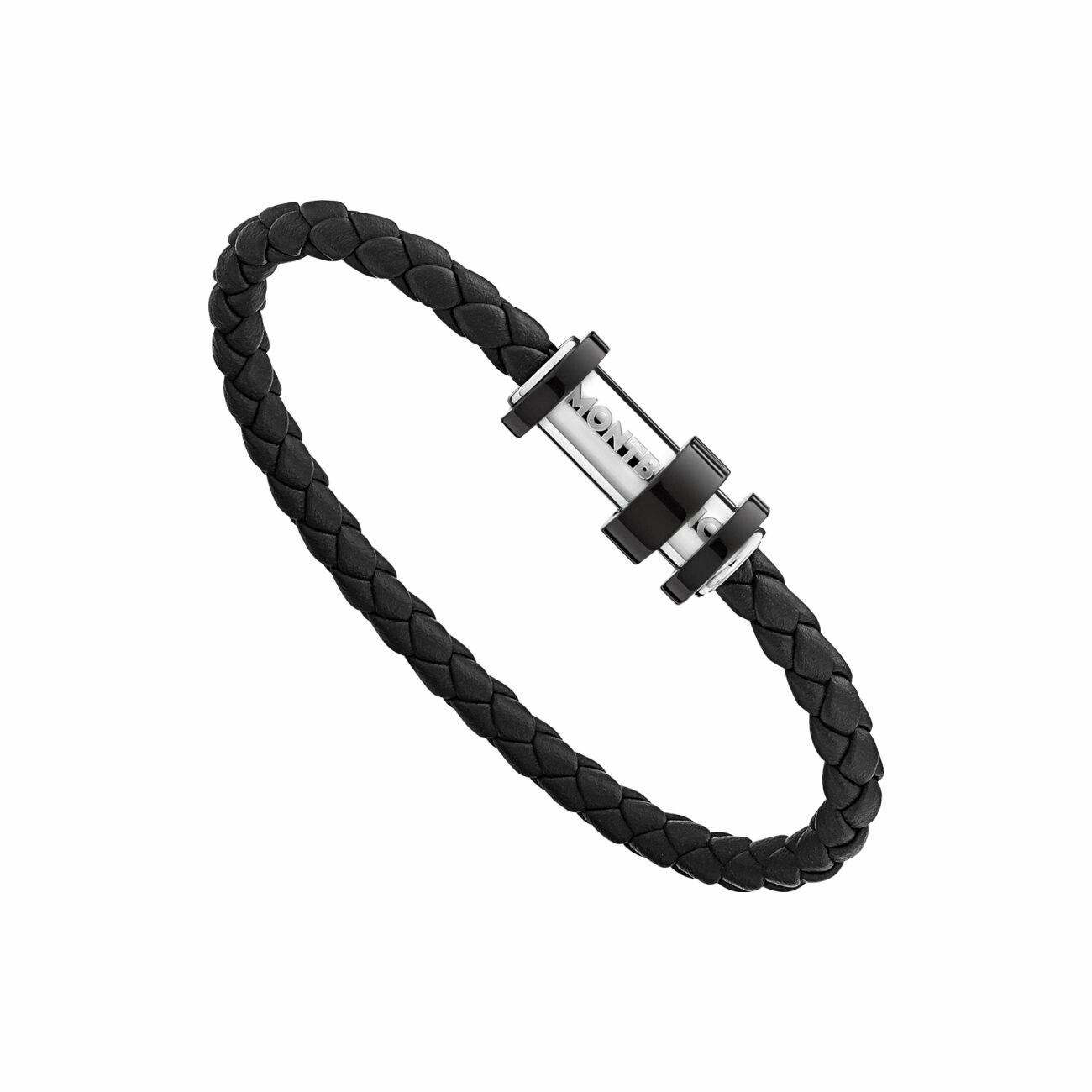 Achat Bracelet Montblanc en cuir noir tressé avec fermoir en acier, finition PVD noir et trois anneaux