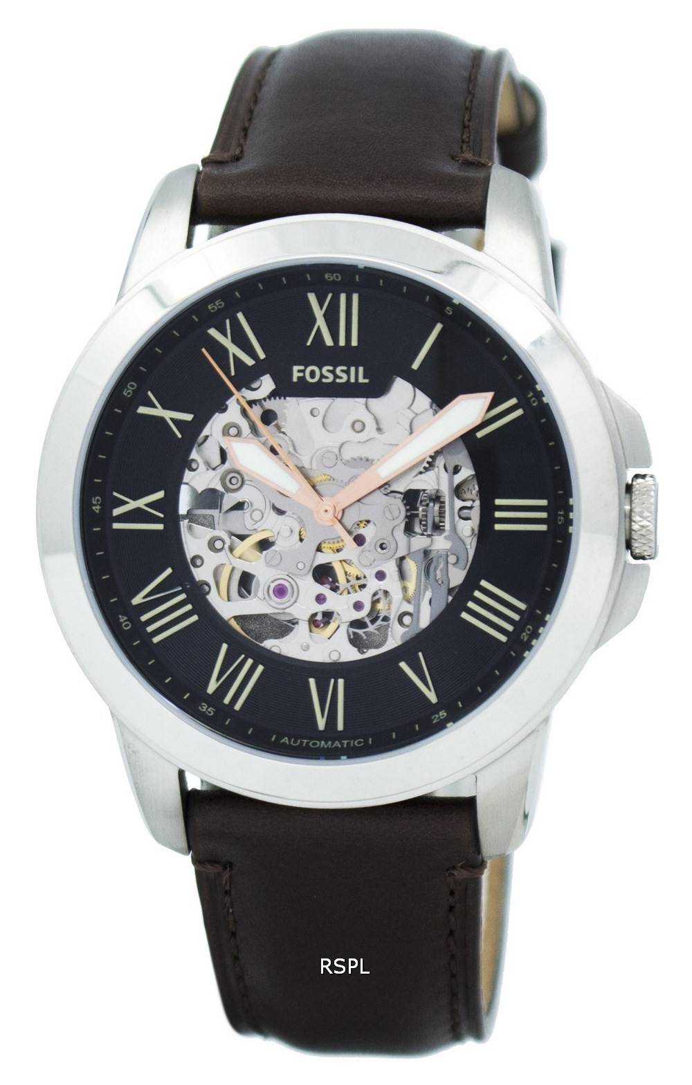 Accorder des fossiles montre automatique cadran squelette noir ME3100 masculin
