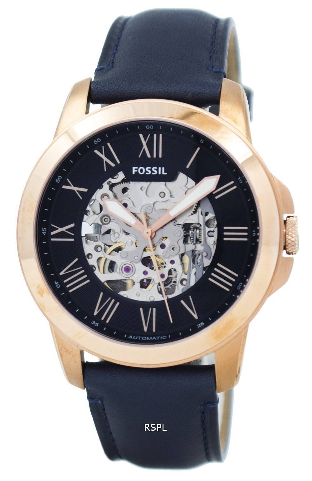 Accorder des fossiles montre automatique cadran squelette bleu marine ME3102 masculin