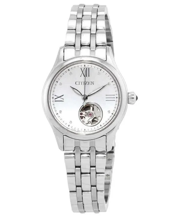 Montre automatique pour femme Citizen Luna en acier inoxydable à cœur ouvert et cadran argenté PR1040-88A