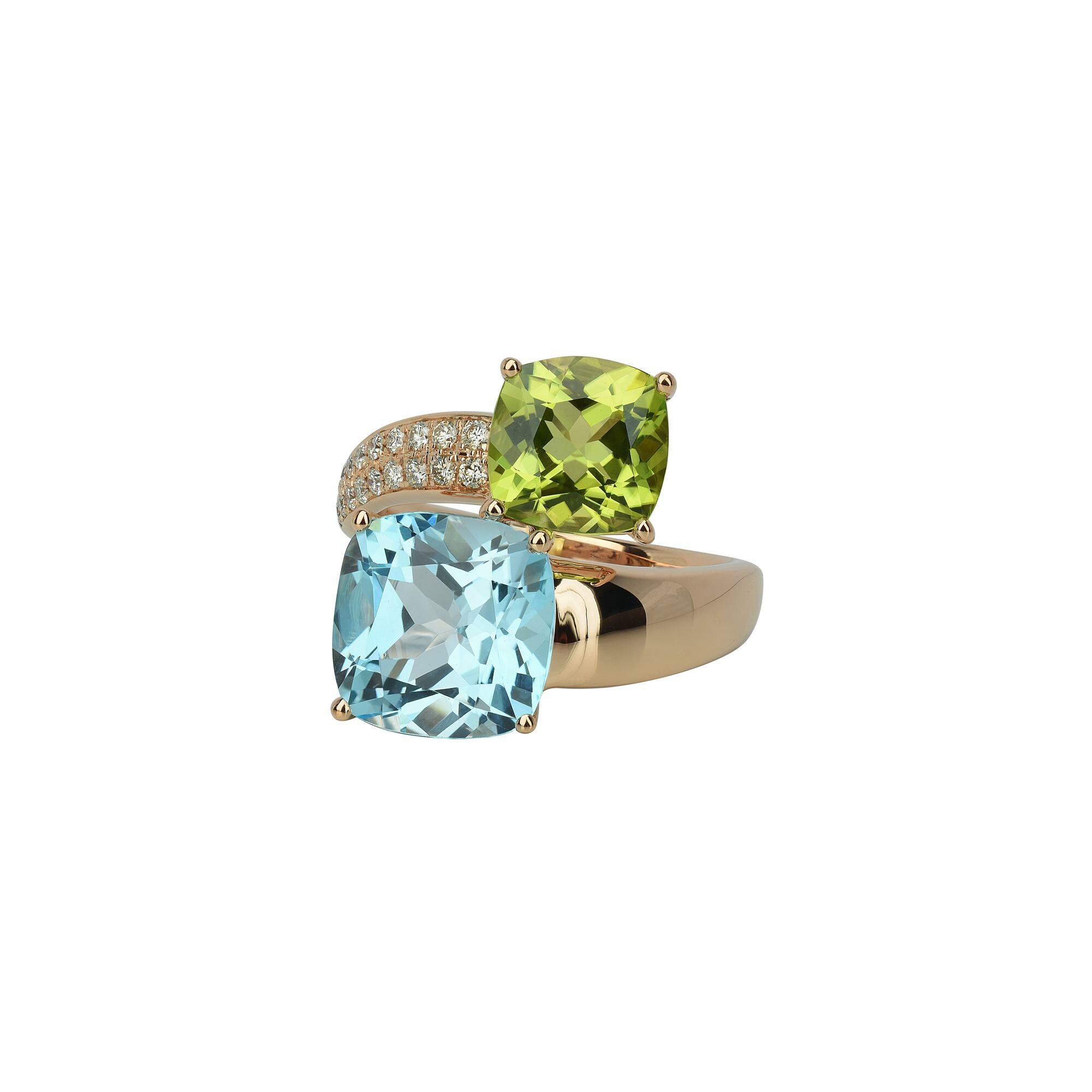Bague Isabelle Langlois Pavé de Paris en or rose, tapoze bleue, peridot et diamants