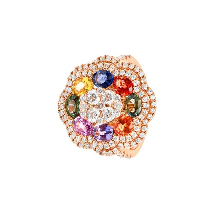 Achat Bague fleur en or rose, saphirs multicolores et diamants