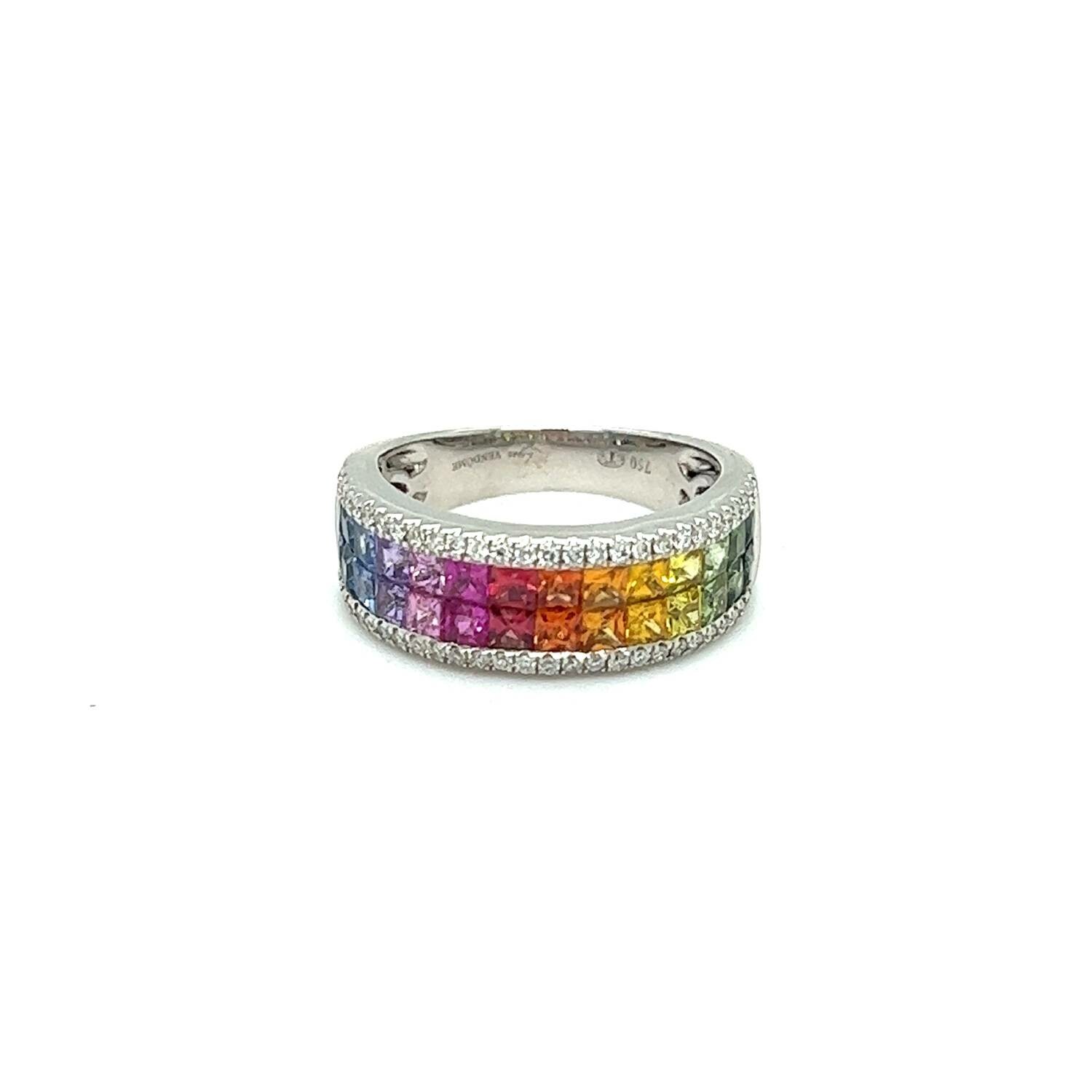 Achat Bague Arc en Ciel 2 rangs en or blanc, saphirs multicolores et diamants