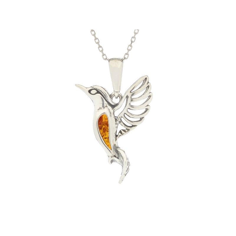 Pendentif Colibri Ambre Cognac – Argent Rhodié 925 – Ambre de la Baltique