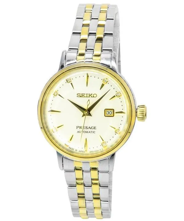 Montre Femme Seiko Presage Cocktail Time White Lady Diamond Accents Cadran Or Automatique SRE010J1