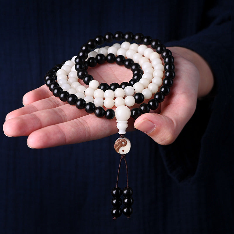 Collier Mala de protection Yin-Yang en ébène avec Buddha Stones