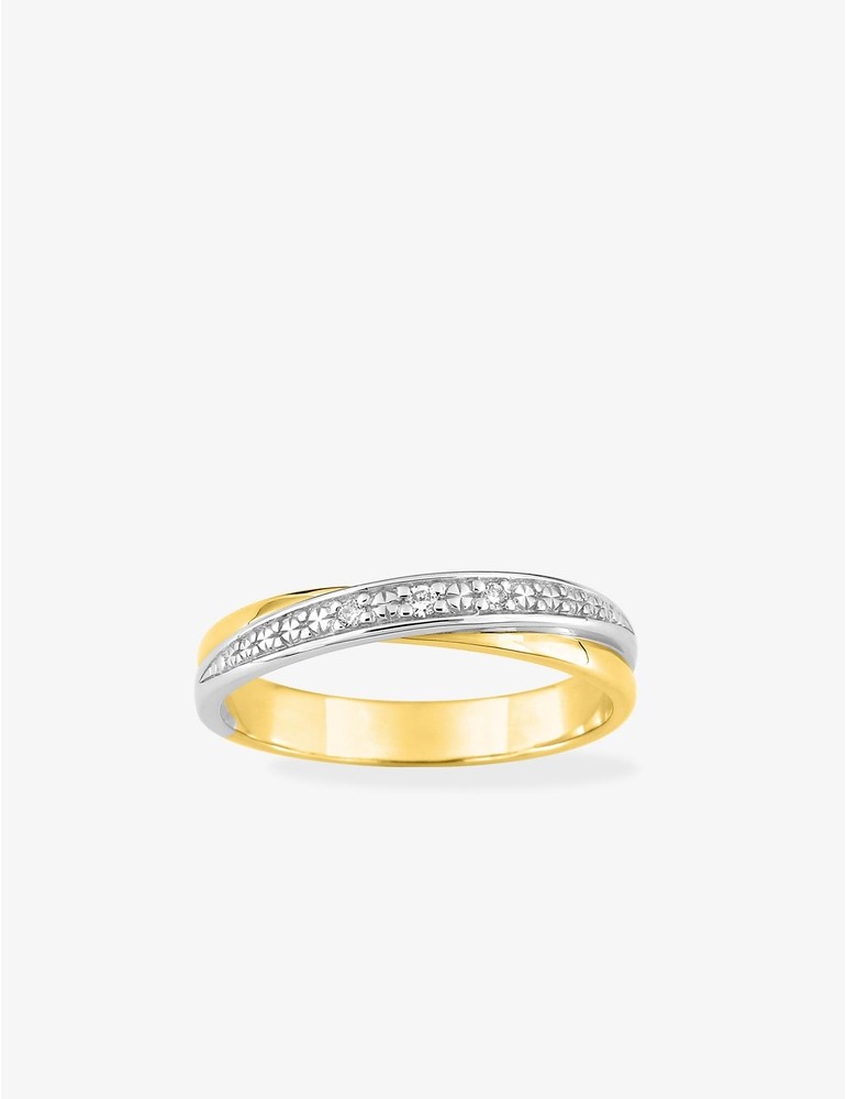 Alliance contemporaine bicolore or jaune et blanc 750 ‰ et 3 diamants 0,03 ct motif ciselé SO OR