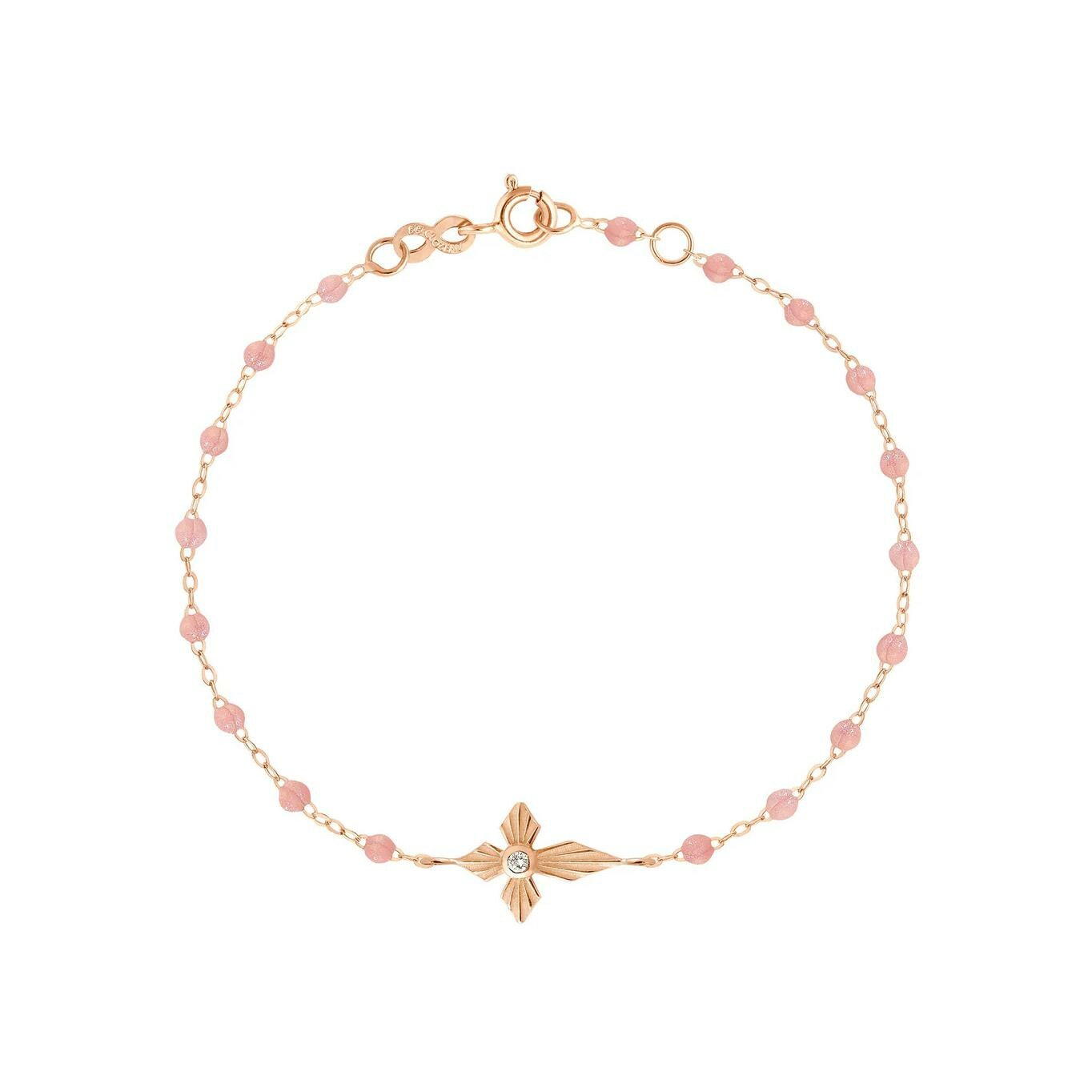 Achat Bracelet Gigi Clozeau Croix lumière en or rose, résine blush et diamant, 17cm