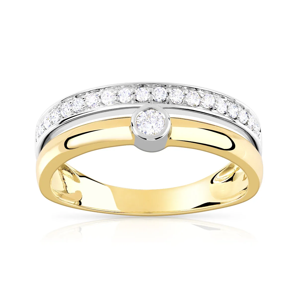 Bague 2 ors 750 alliance et solitaire 0,05 carat diamants