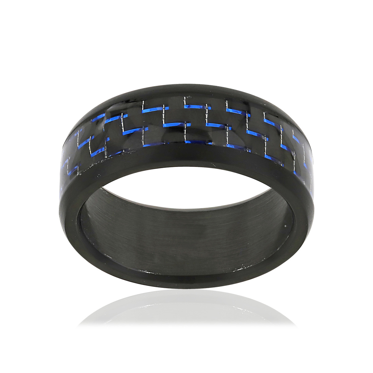 Bague acier noir carbone bleu