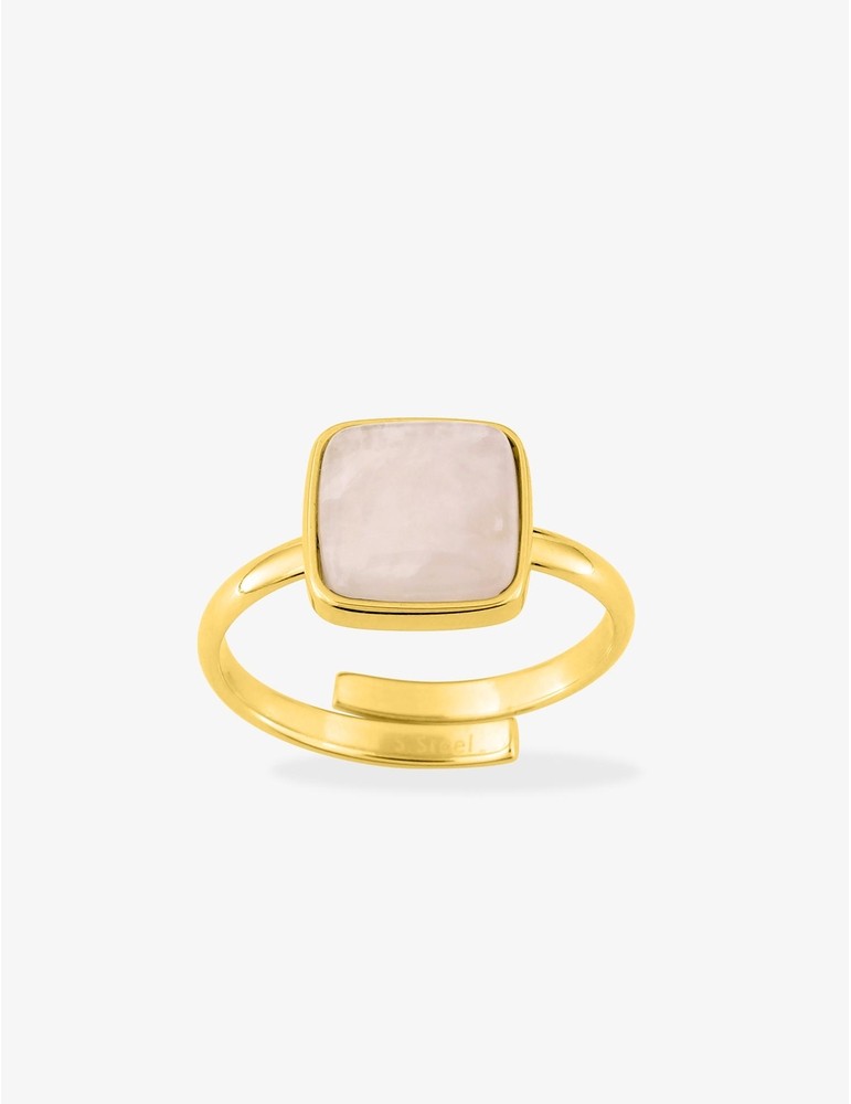 Bague ajustable acier doré avec quartz rose SO OR