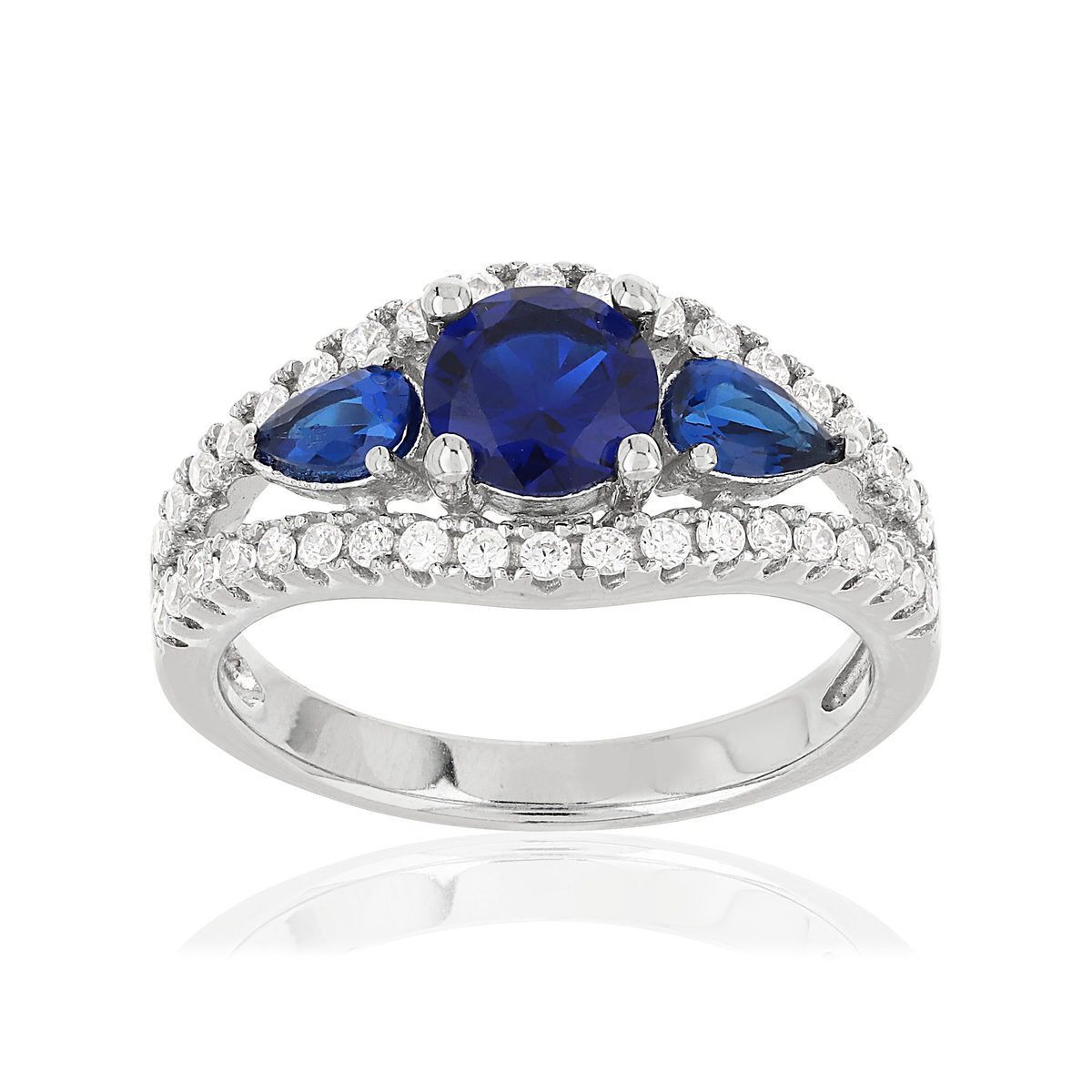 Bague argent 925 3 zirconias bleus et zirconias blancs