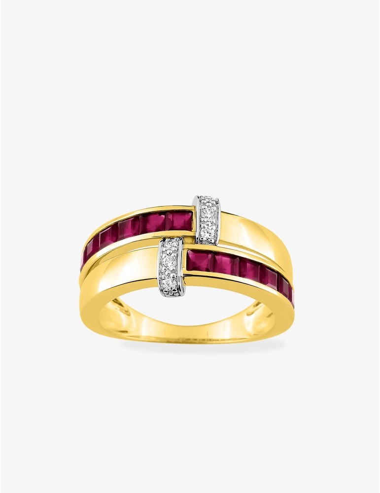 Bague double or jaune 750‰, rubis, diamants 0,07 ct et rhodium SO OR
