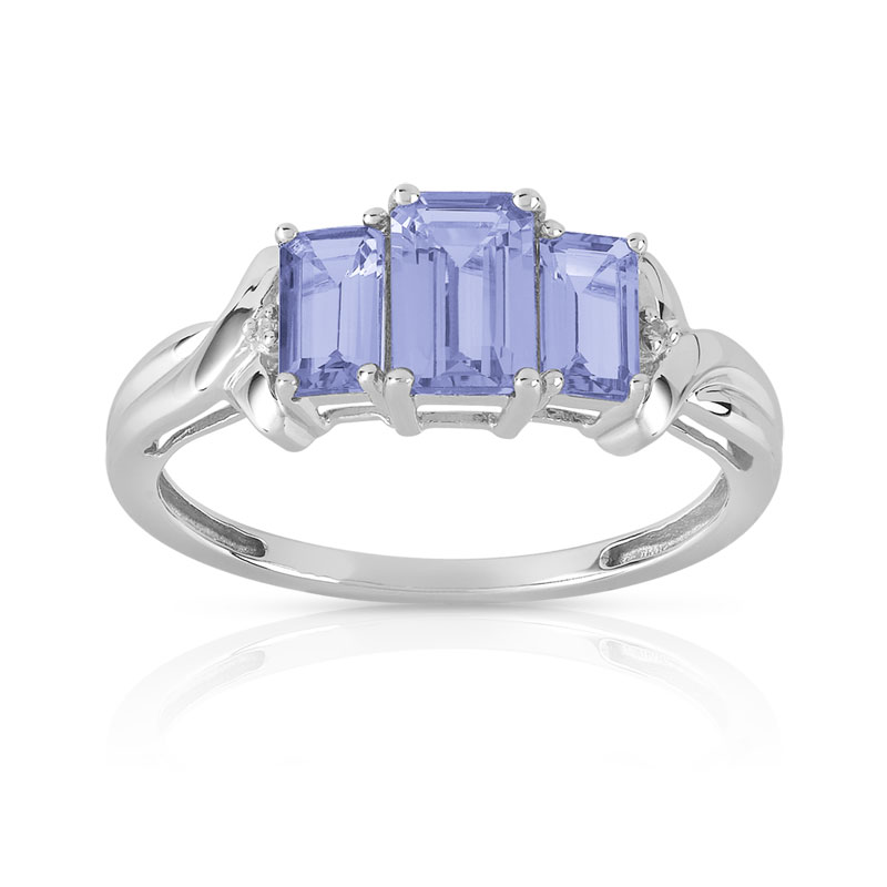Bague or 375 blanc tanzanites rectangulaires et diamants