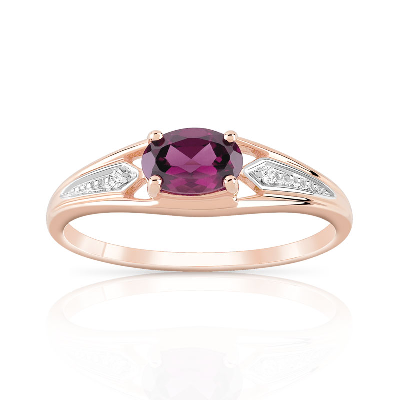 Bague or 375 rose grenat rhodolite et diamants