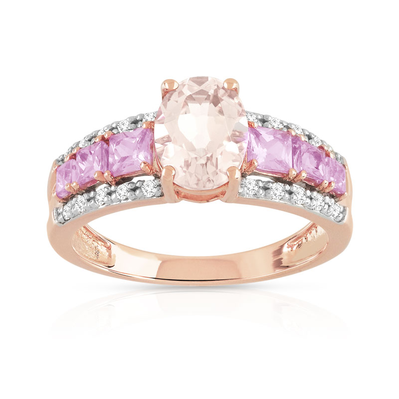 Bague or 375 rose pierres fines et diamants