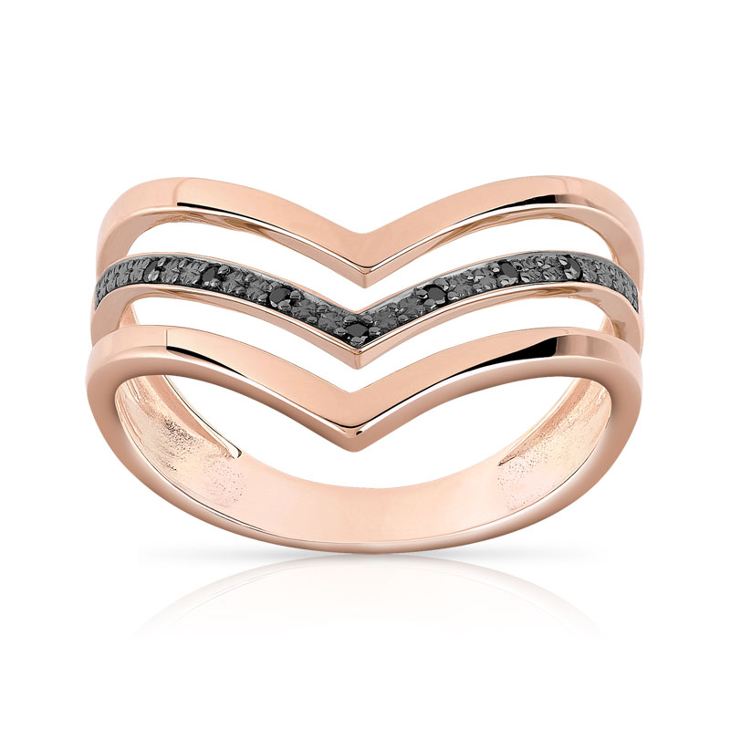 Bague or 375 rose "V" diamants noirs