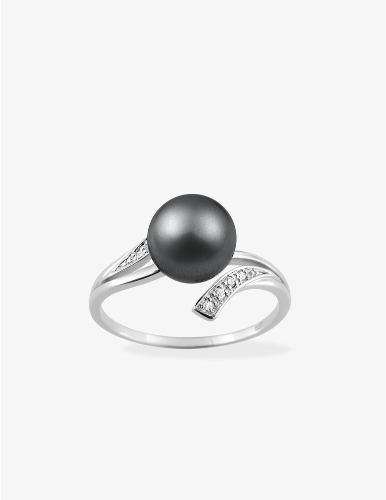 Bague or blanc 750‰, perle de culture de Tahiti 8 mm et diamants 0,03 ct SO OR