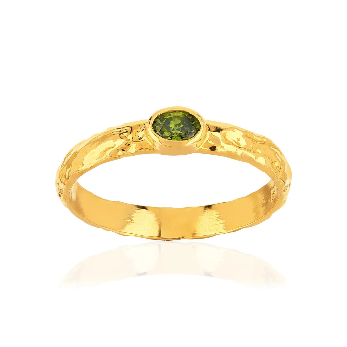 Bague plaqué or jaune martelée pierre imitation verte