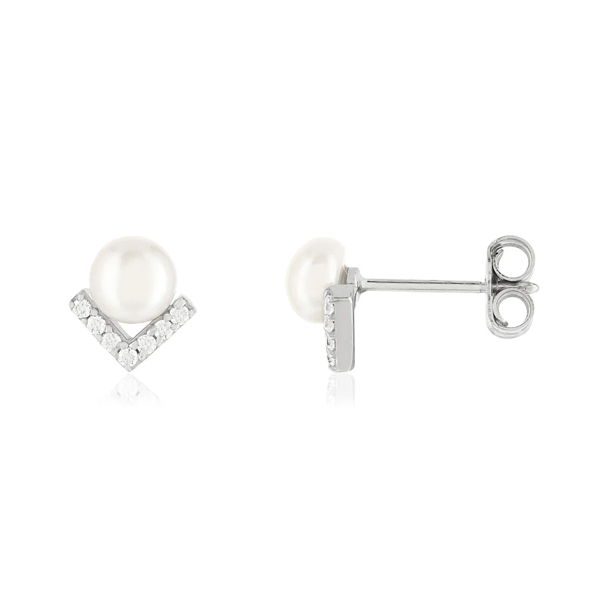Boucles d'oreilles argent 925, perles de cutlure de Chine, motif V serti de zirconias.