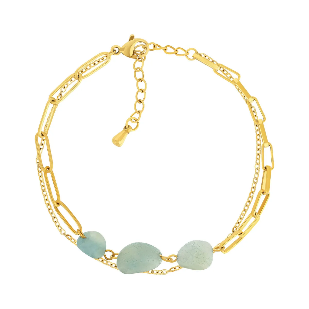 Bracelet acier doré 2 rangs 3 amazonites blanches 20 cm