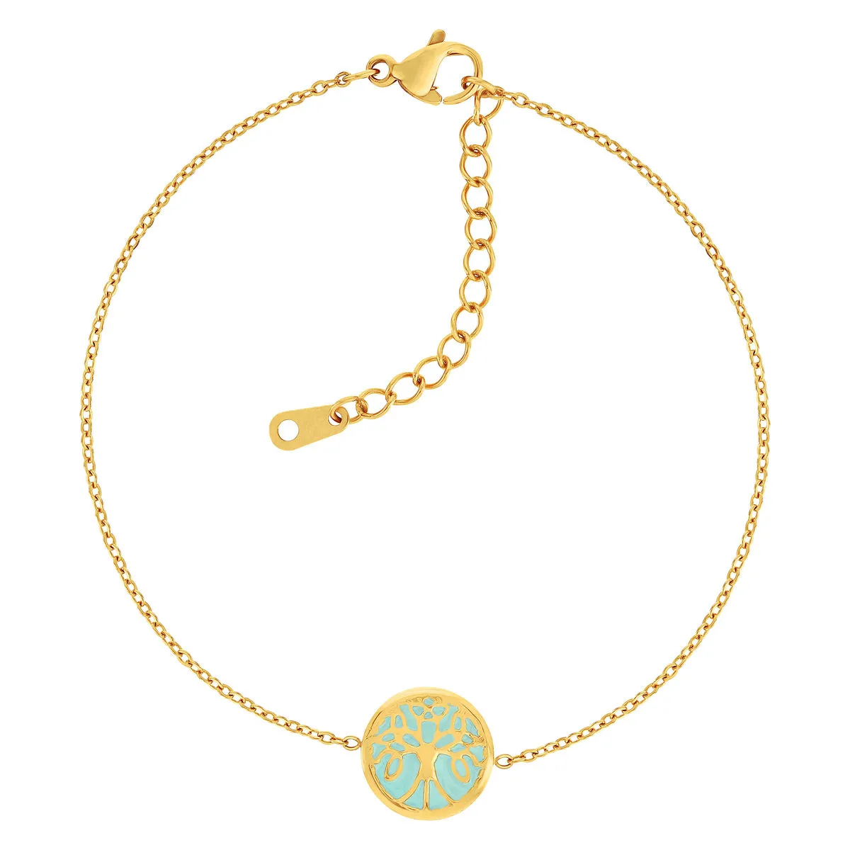 Bracelet acier doré arbre de vie laque verte 20 cm