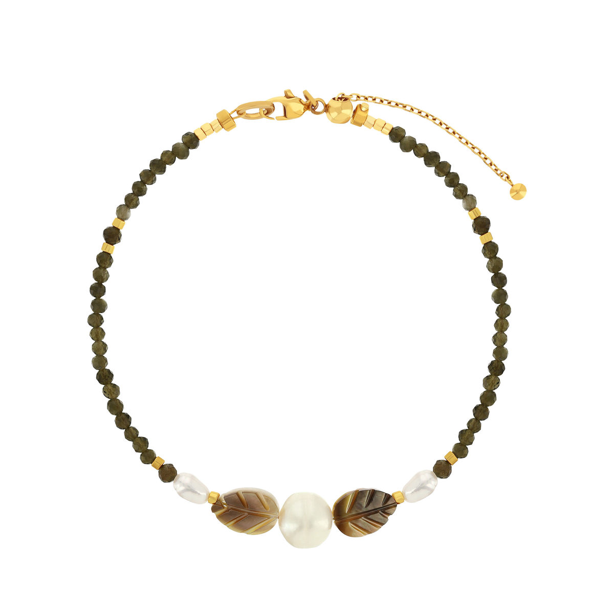 Bracelet acier jaune motifs feuilles pierres naturelles et perles de culture de Chine 18cm