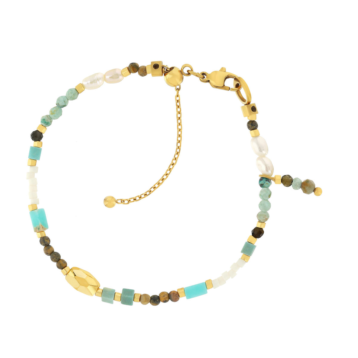 Bracelet acier jaune pierres naturelles et perles de culture de Chine 18cm