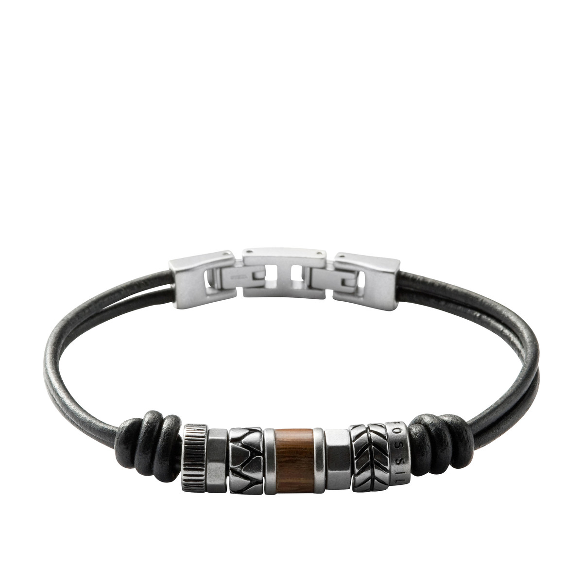 Bracelet FOSSIL acier cuir noir