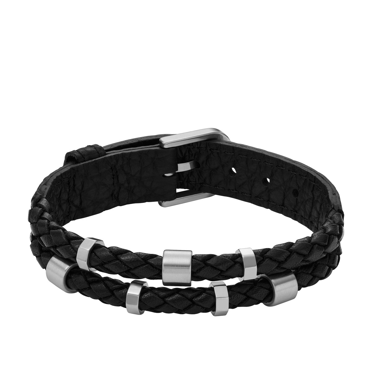 Bracelet  FOSSIL acier inoxydable et cuir noir.