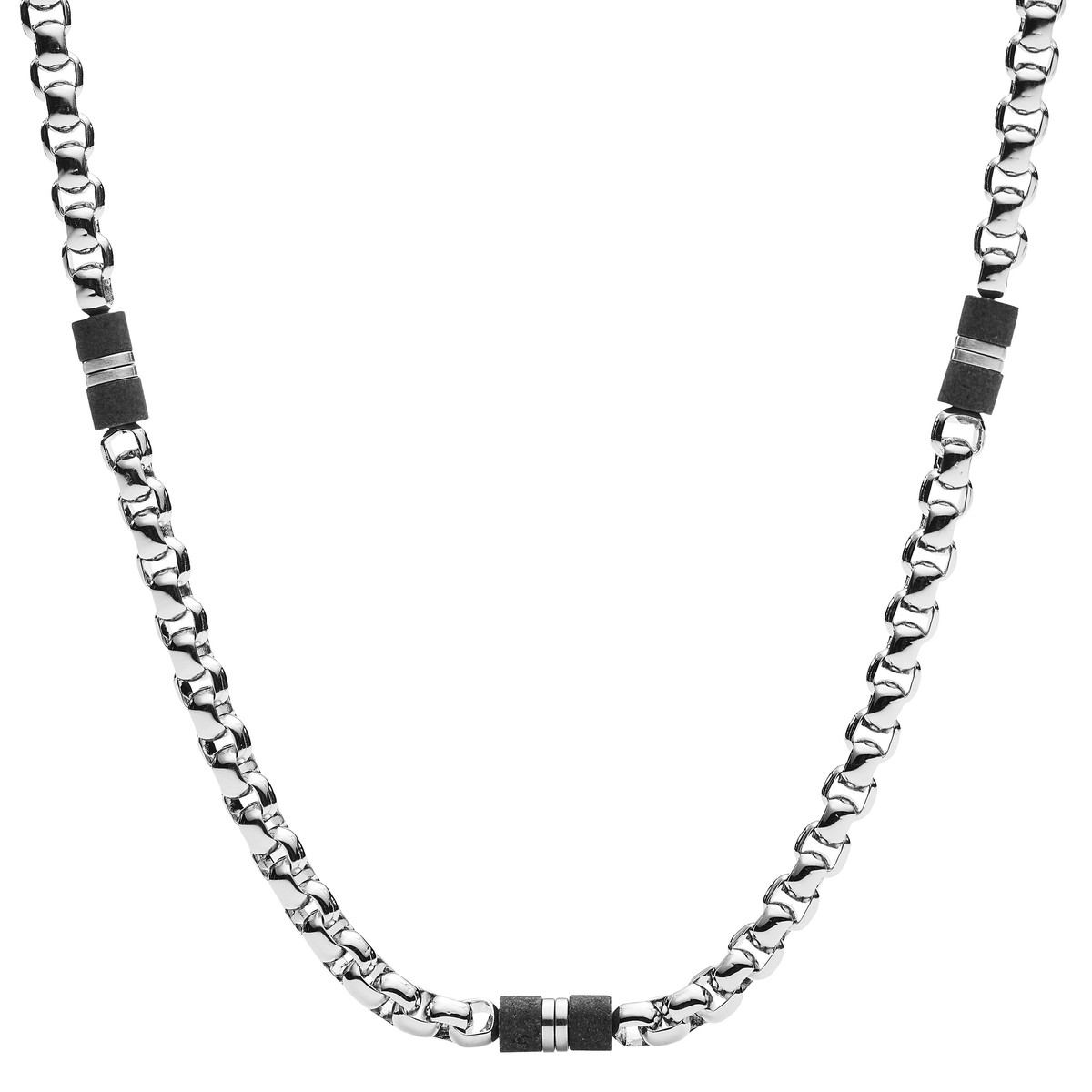 Collier FOSSIL acier inoxydable perles en marbre noir 50 cm